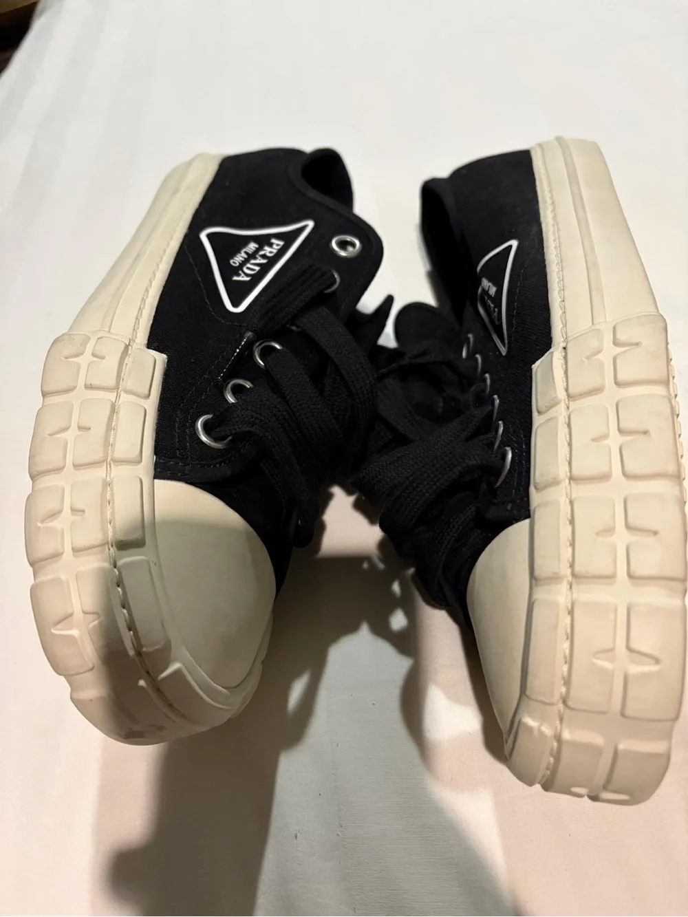 Prada Black Canvas Low-Top Sneakers with Cream Rubber Toe and Sole